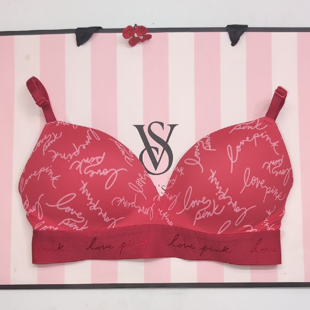 Victoria's Secret Red Pink' Wireless Wear Everywhere Wireless Push -Up Size 32C
